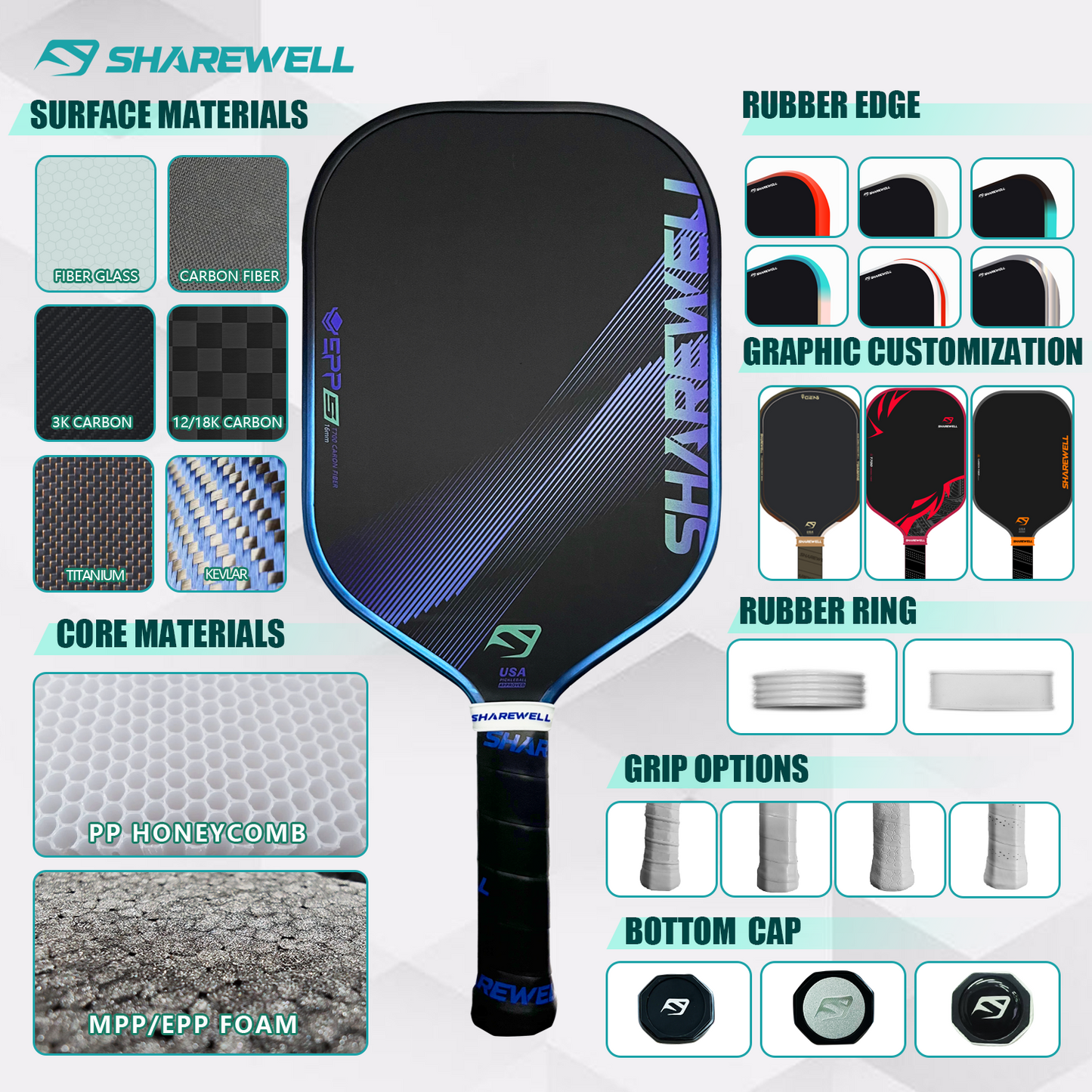 SHAREWELL T700 USAPA Approved Carbon Fiber Pickleball Paddle 16mm